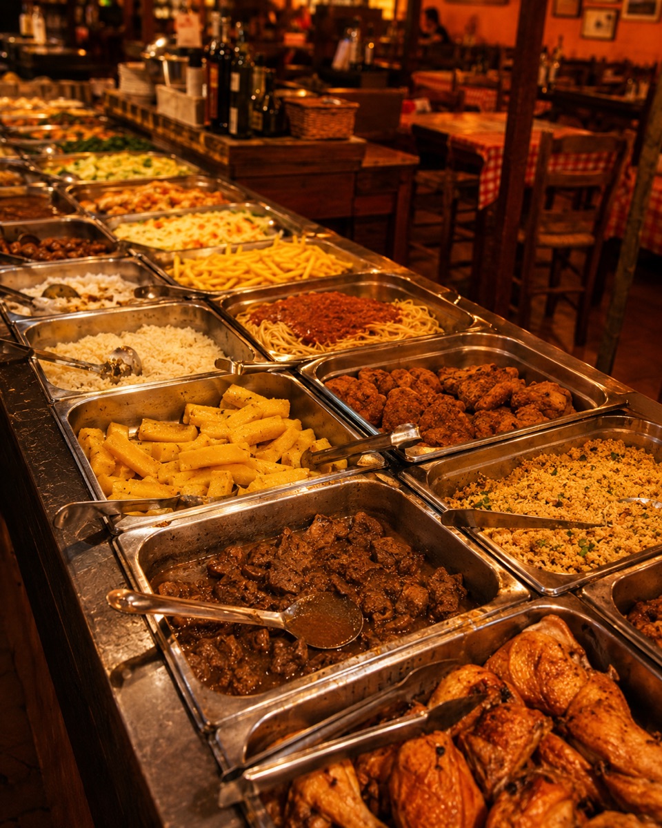 Buffet livre do La Casa com massas frescas, carnes, polenta e acompanhamentos.