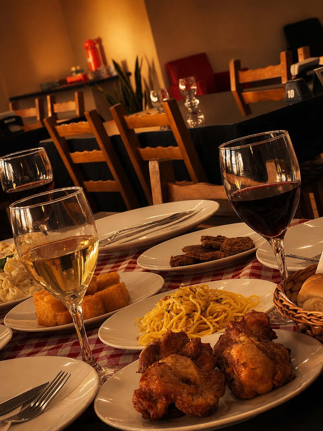 Mesa do La Casa Ristorante em Ana Rech com pratos italianos, galeto, massas e taças de vinho.